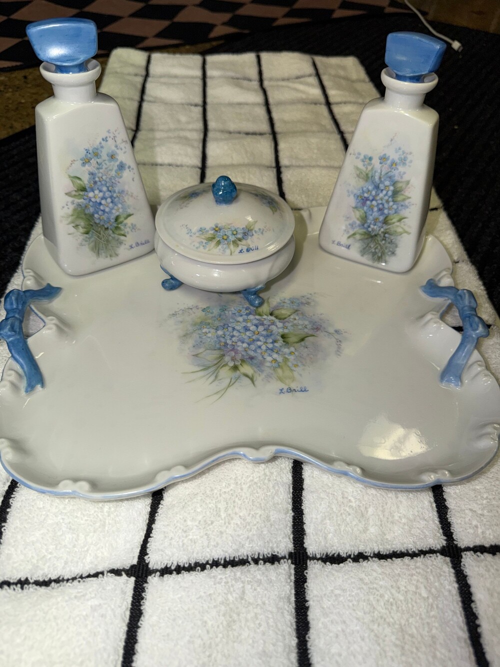 L. Brill Blue Floral Tray Set with Bottles and Lidded Bowl